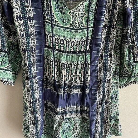 Lucky Brand Wmn SZ XS Blue/Green/White Boho Tunic Style Tie Neckline Short Dress - Picture 4 of 11